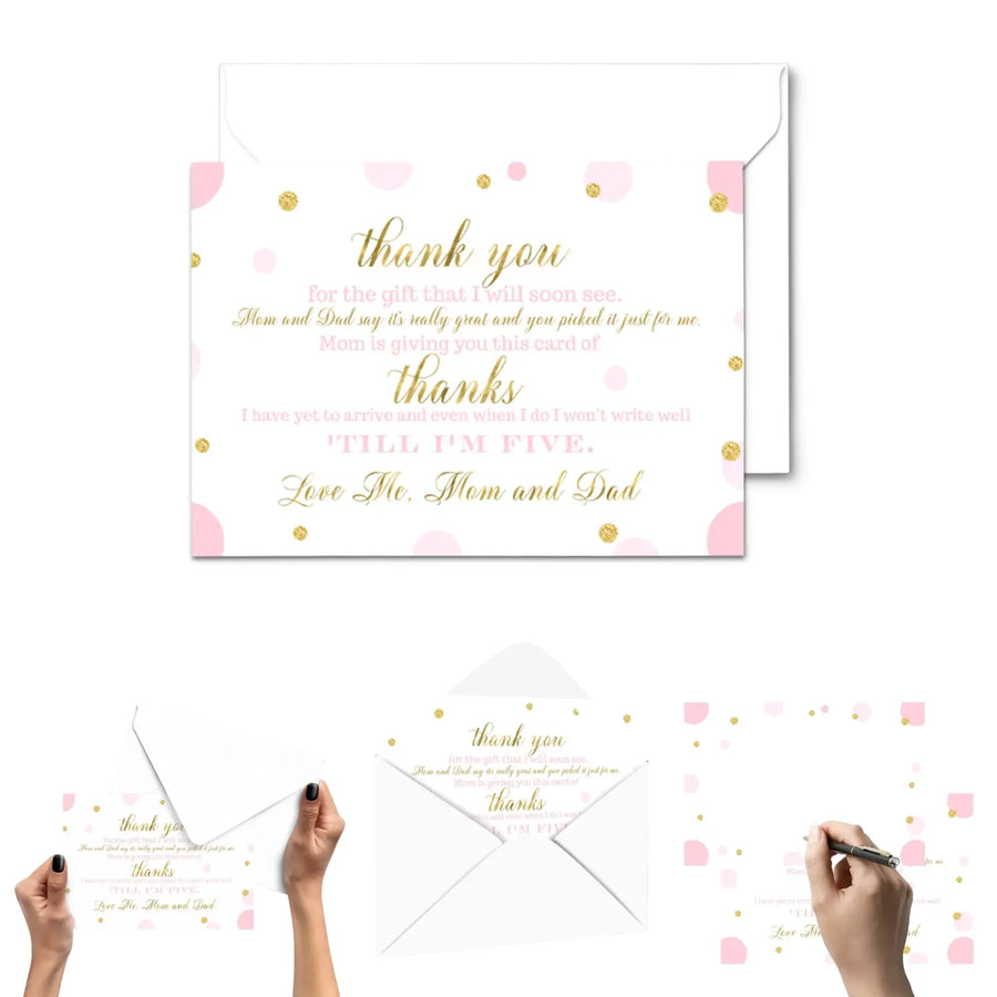 Pink and Gold Thank You Cards for Baby Girl Shower – Personalized Notecards (Pack of 25) - Paper Clever Party