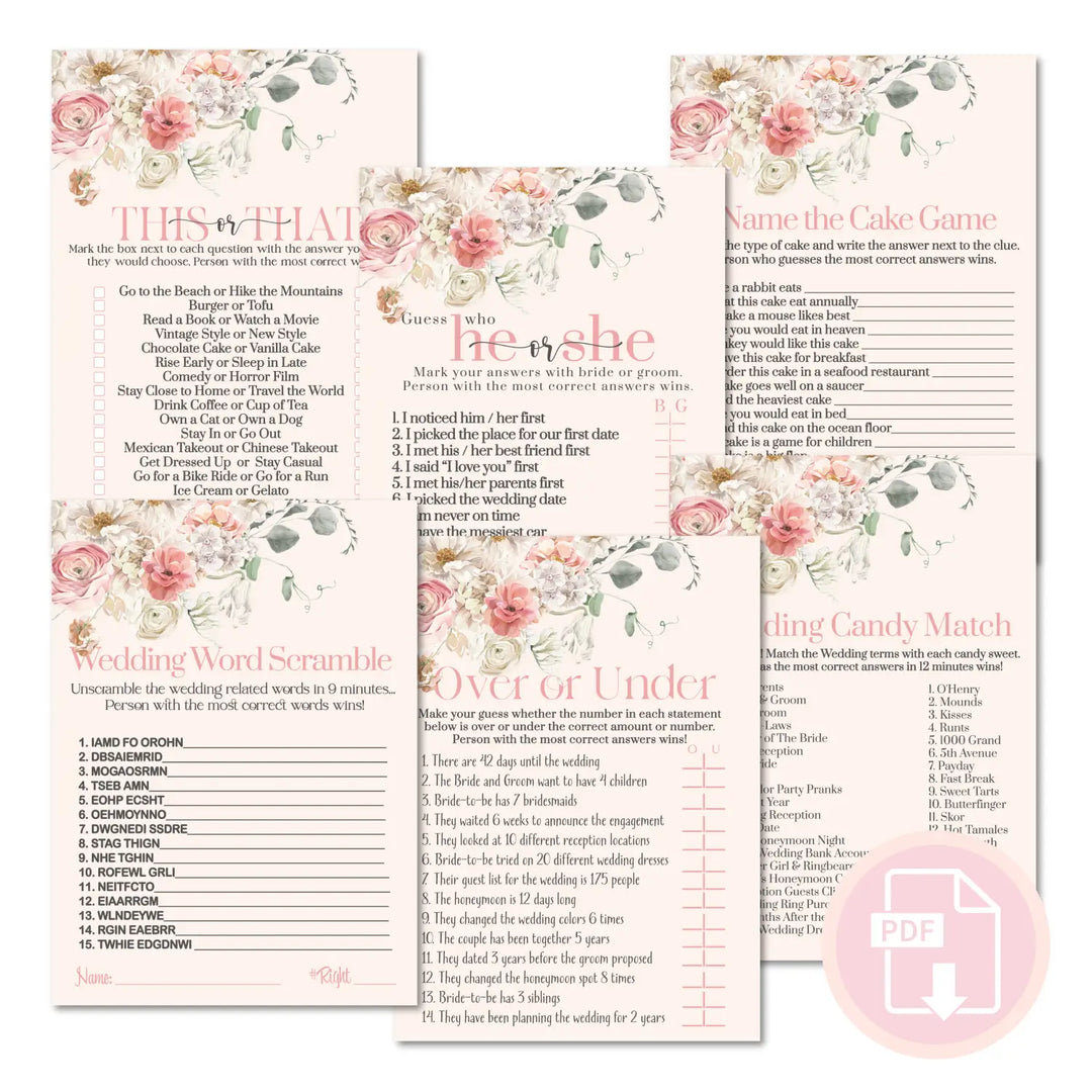 Pink peonies bridal shower instant download game printable wedding games fun for guests easy to print pdf - party