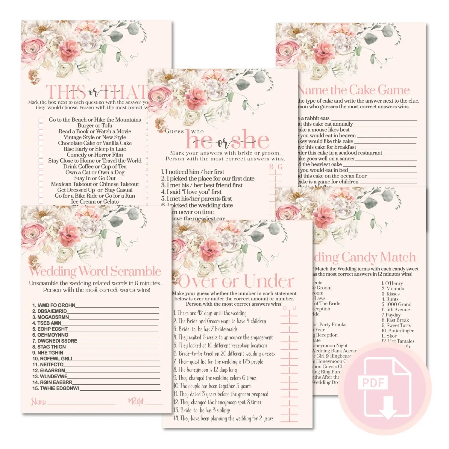 Pink peonies bridal shower instant download game printable wedding games fun for guests easy to print pdf - party