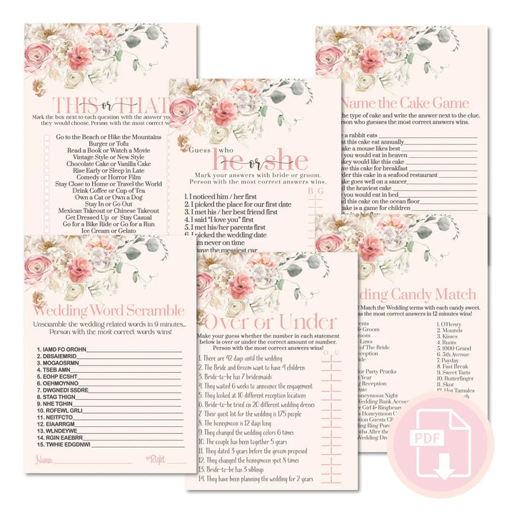 Pink peonies bridal shower instant download game printable wedding games fun for guests easy to print pdf - party