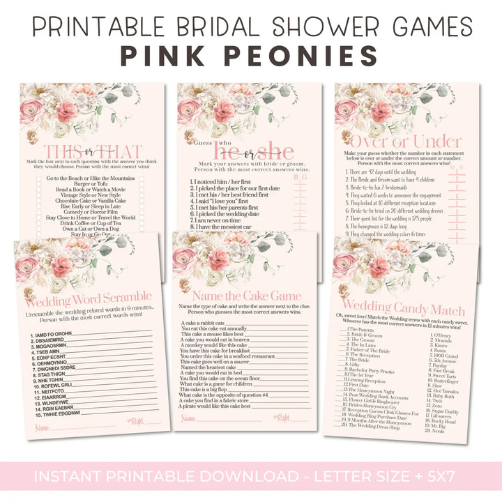 Pink peonies bridal shower instant download game printable wedding games fun for guests easy to print pdf - party