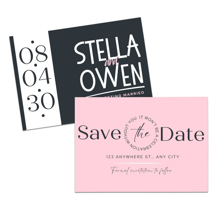 Custom Pink and Black Save the Date Cards - Personalized 4x6 Inch Invitations with Elegant Typography and White Envelopes - Perfect for Weddings, Birthdays, and Showers