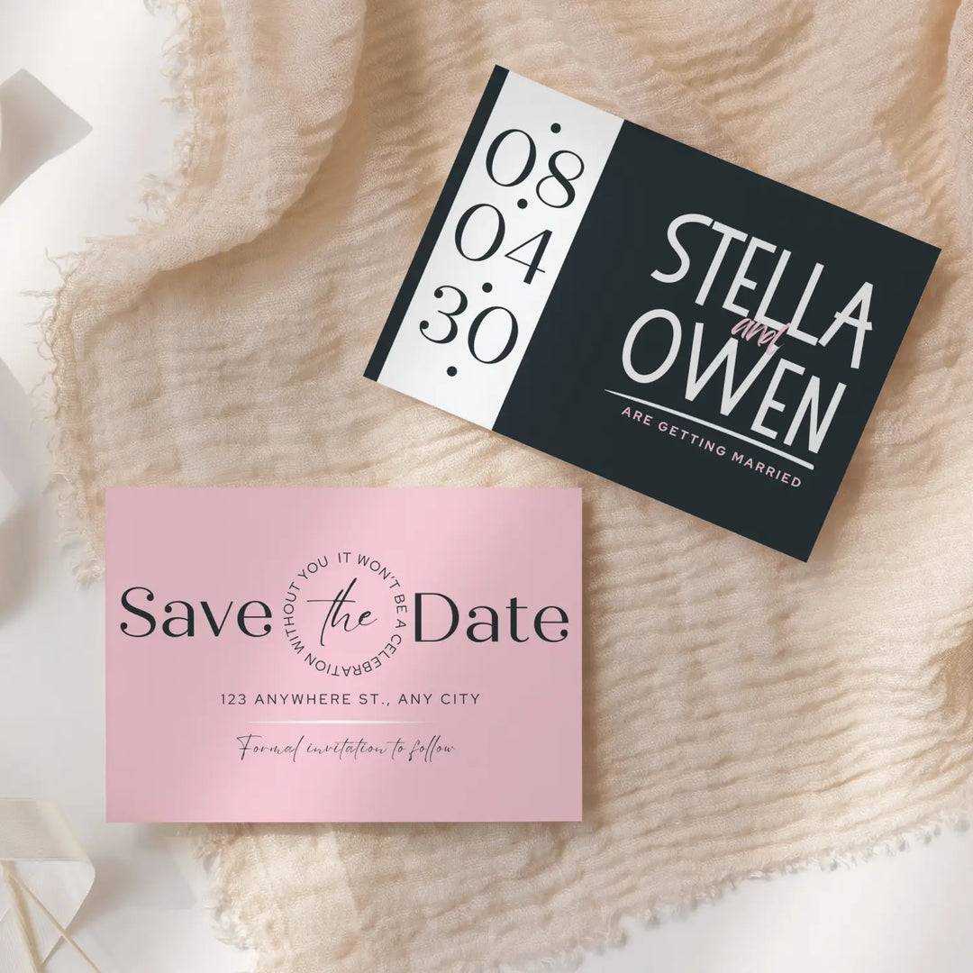 Custom Pink and Black Save the Date Cards - Personalized 4x6 Inch Invitations with Elegant Typography and White Envelopes - Perfect for Weddings, Birthdays, and Showers