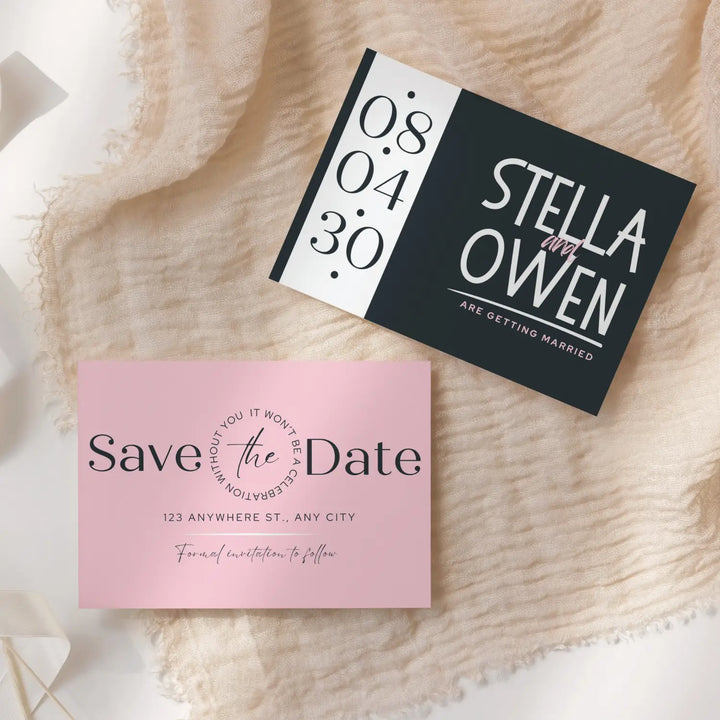 Custom Pink and Black Save the Date Cards - Personalized 4x6 Inch Invitations with Elegant Typography and White Envelopes - Perfect for Weddings, Birthdays, and Showers