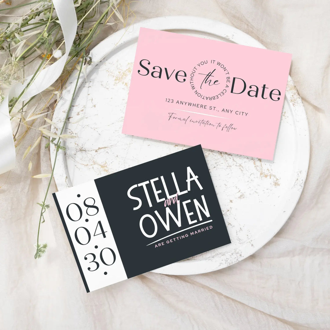 Custom Pink and Black Save the Date Cards - Personalized 4x6 Inch Invitations with Elegant Typography and White Envelopes - Perfect for Weddings, Birthdays, and Showers