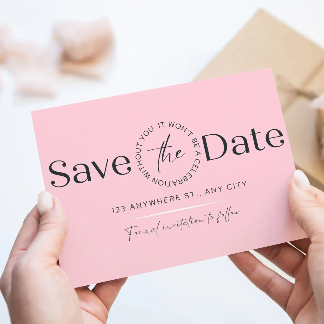 Custom Pink and Black Save the Date Cards - Personalized 4x6 Inch Invitations with Elegant Typography and White Envelopes - Perfect for Weddings, Birthdays, and Showers