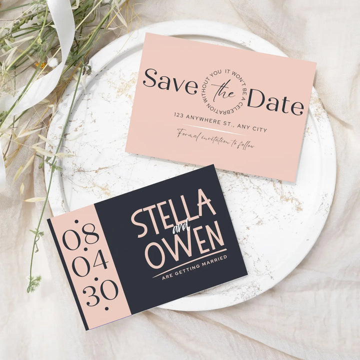 Custom Peach and Slate Grey Save the Date Cards - Personalized 4x6 Inch Invitations with Elegant Typography and White Envelopes - Perfect for Weddings, Birthdays, and Showers