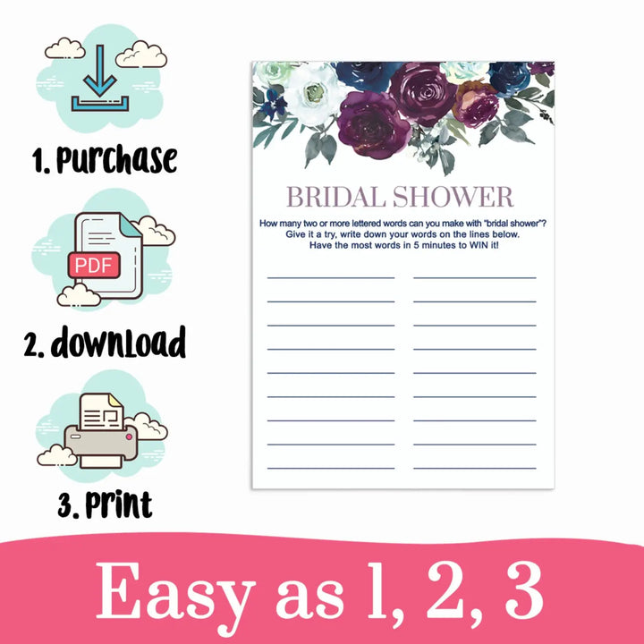 Plum and Navy Bridal Shower Name Game Race Printable Download Rustic Floral - Paper Clever Party