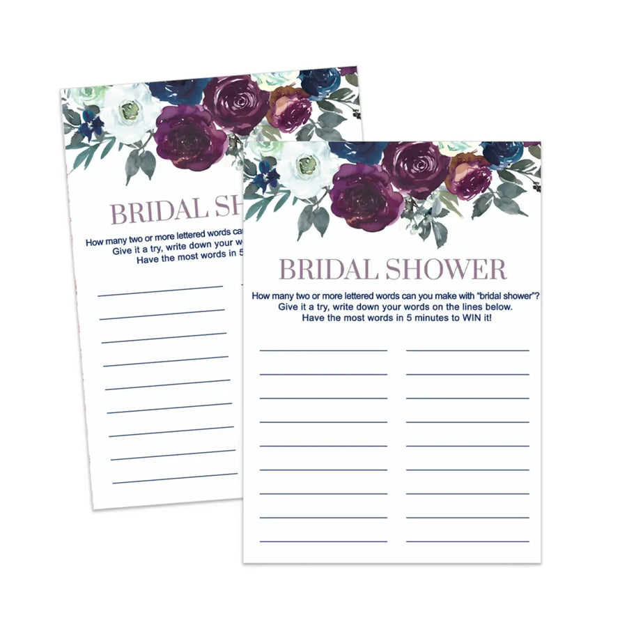 Plum and Navy Bridal Shower Name Game Race Printable Download Rustic Floral - Paper Clever Party