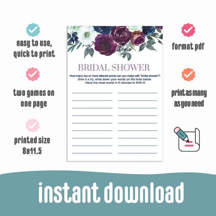 Plum and Navy Bridal Shower Name Game Race Printable Download Rustic Floral - Paper Clever Party