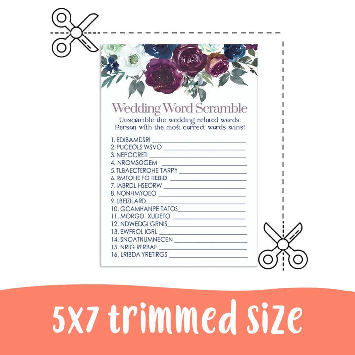 Plum and Navy Bridal Shower Word Scramble Printable PDF Download Rustic Floral - Paper Clever Party