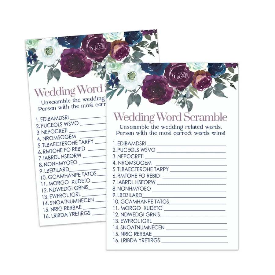 Plum and Navy Bridal Shower Word Scramble Printable PDF Download Rustic Floral - Paper Clever Party