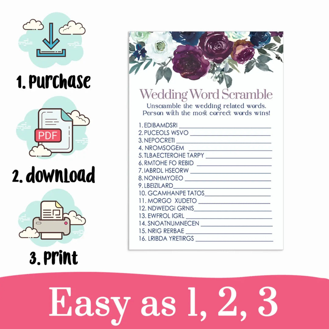 Plum and Navy Bridal Shower Word Scramble Printable PDF Download Rustic Floral - Paper Clever Party