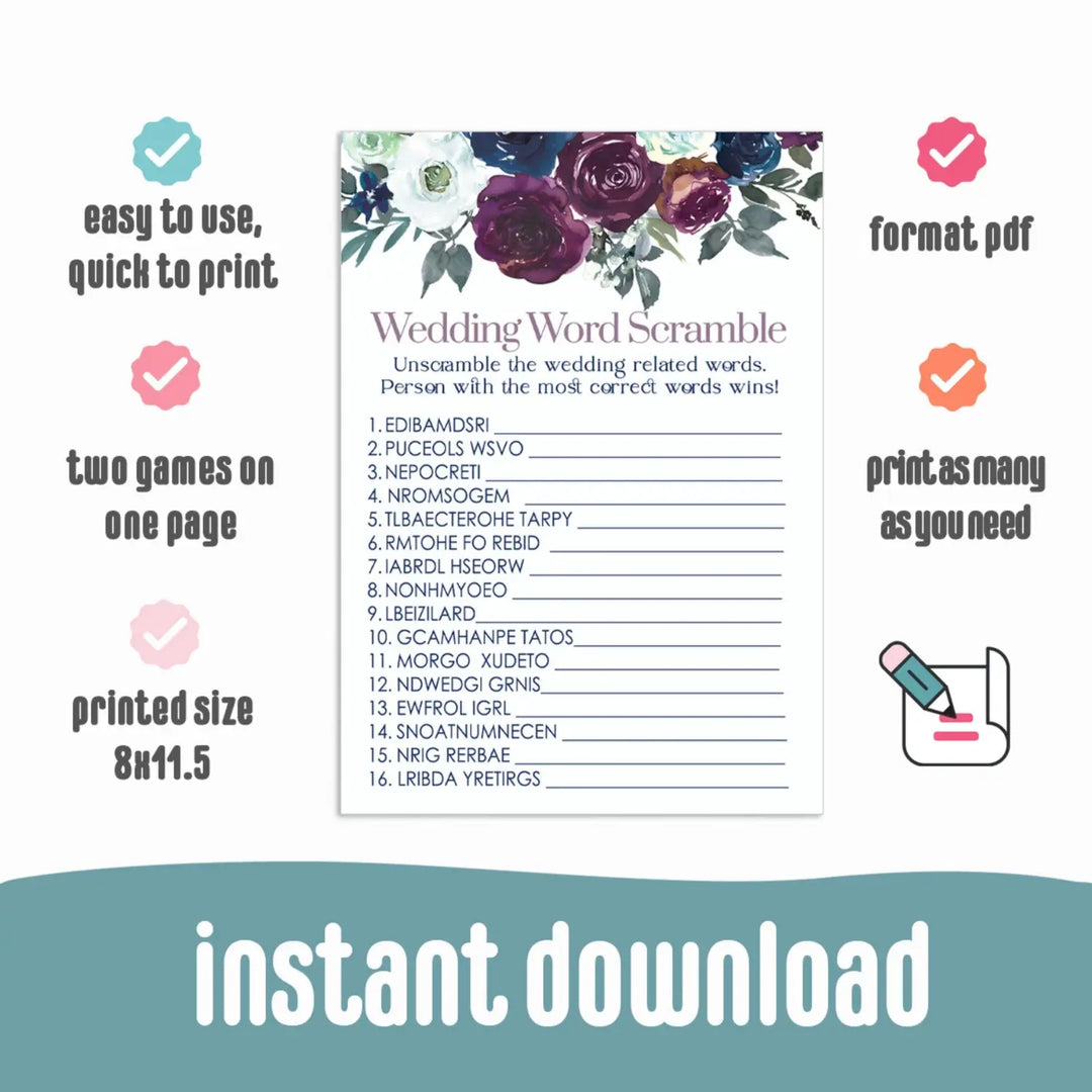 Plum and Navy Bridal Shower Word Scramble Printable PDF Download Rustic Floral - Paper Clever Party