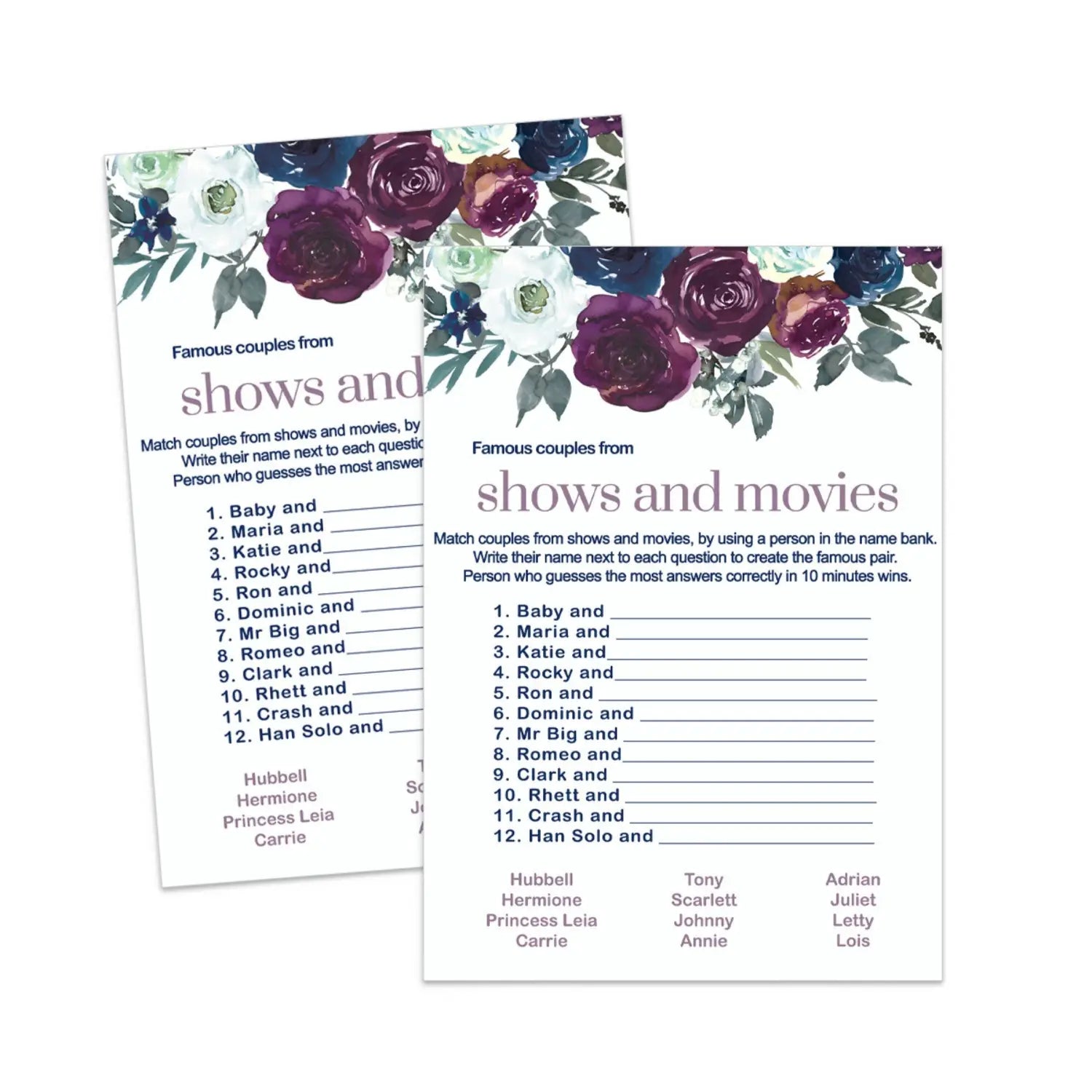 Plum and navy famous movie couples match printable pdf all occasions - party games