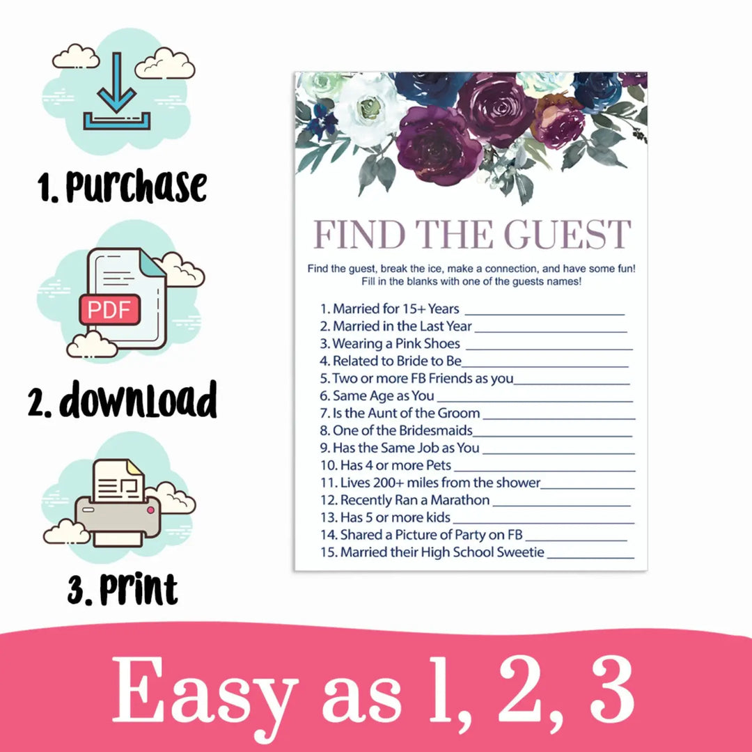 Plum and Navy Find the Guest Game Bridal Shower & Wedding Reception Printable Rustic Floral - Paper Clever Party