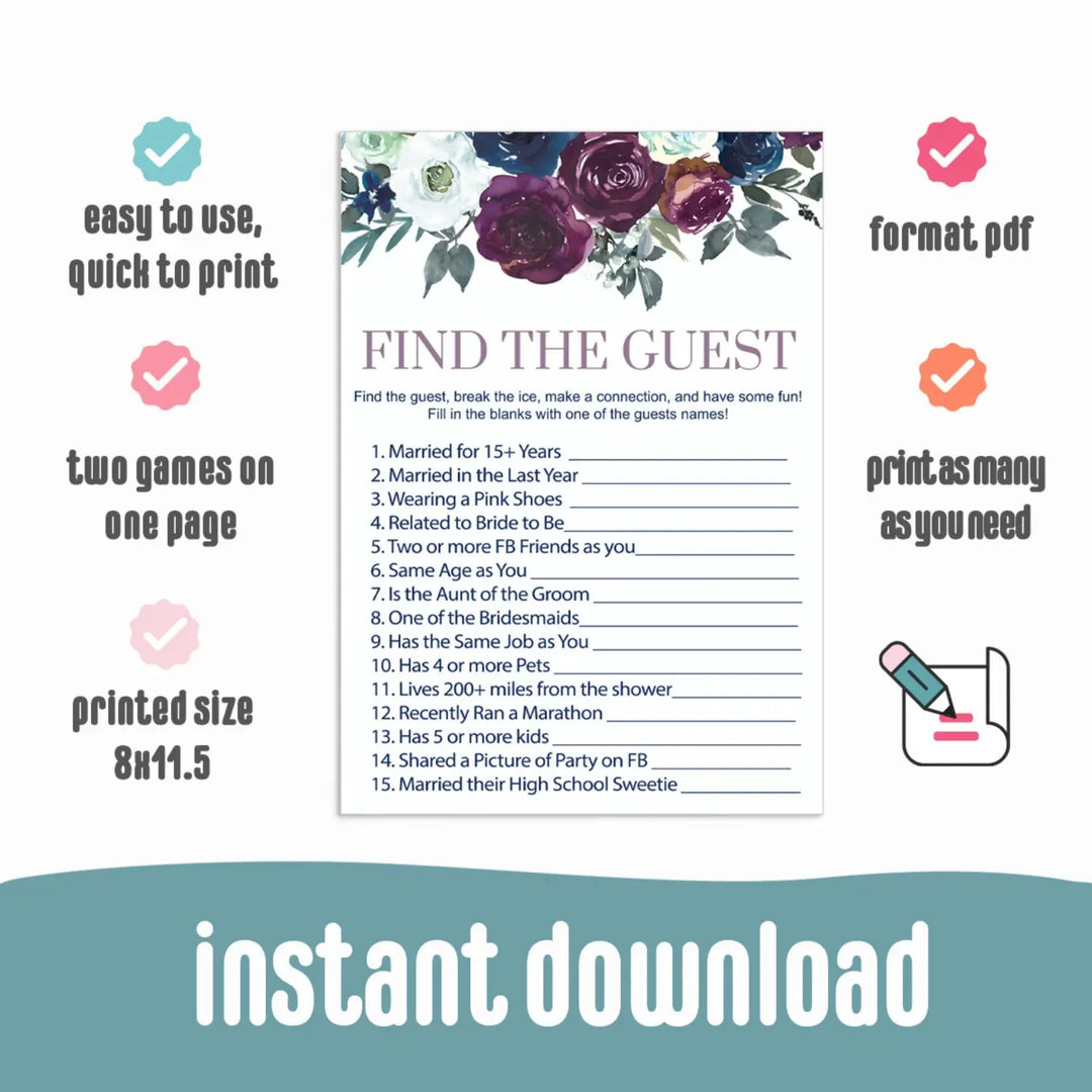 Plum and Navy Find the Guest Game Bridal Shower & Wedding Reception Printable Rustic Floral - Paper Clever Party