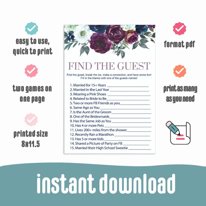 Plum and Navy Find the Guest Game Bridal Shower & Wedding Reception Printable Rustic Floral - Paper Clever Party