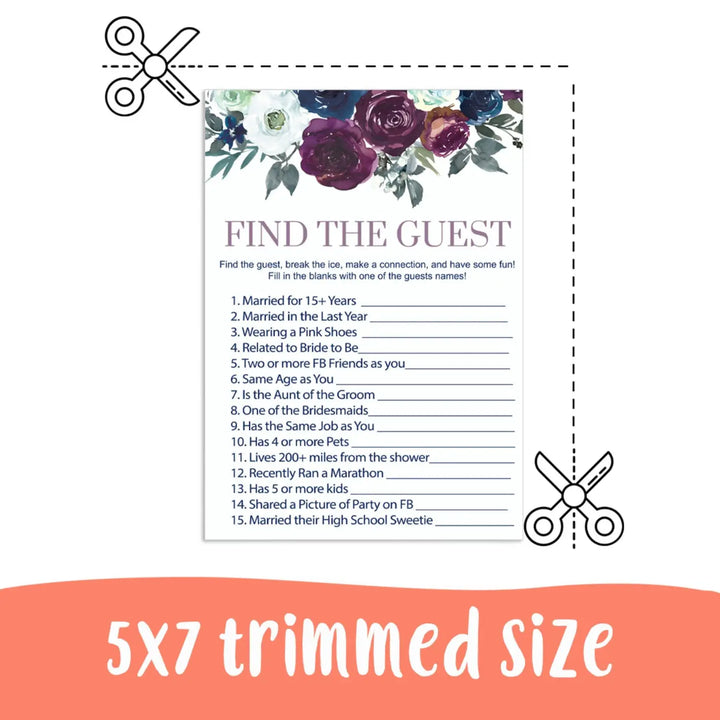 Plum and Navy Find the Guest Game Bridal Shower & Wedding Reception Printable Rustic Floral - Paper Clever Party