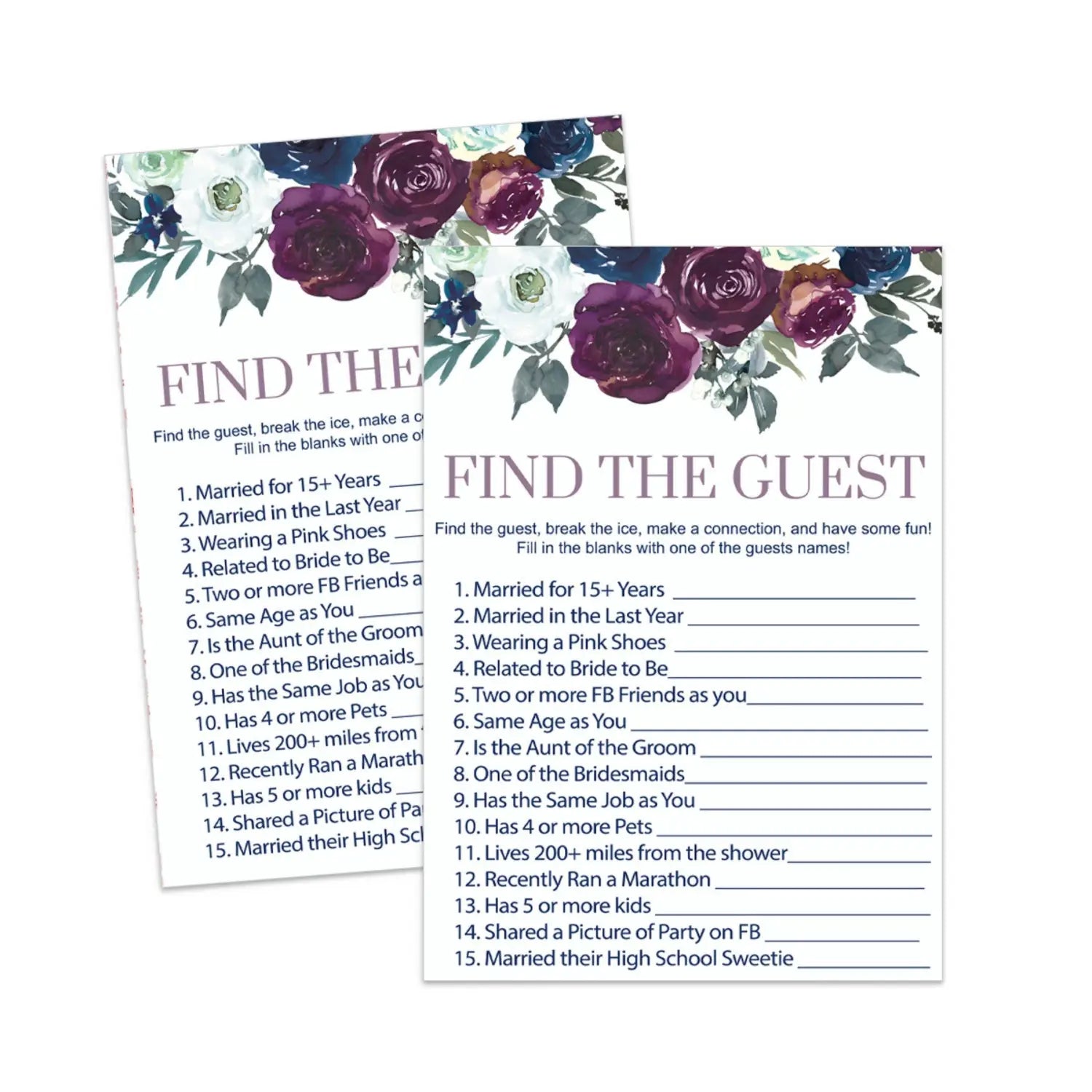 Plum and navy find the guest game bridal shower & wedding reception printable rustic floral - party games