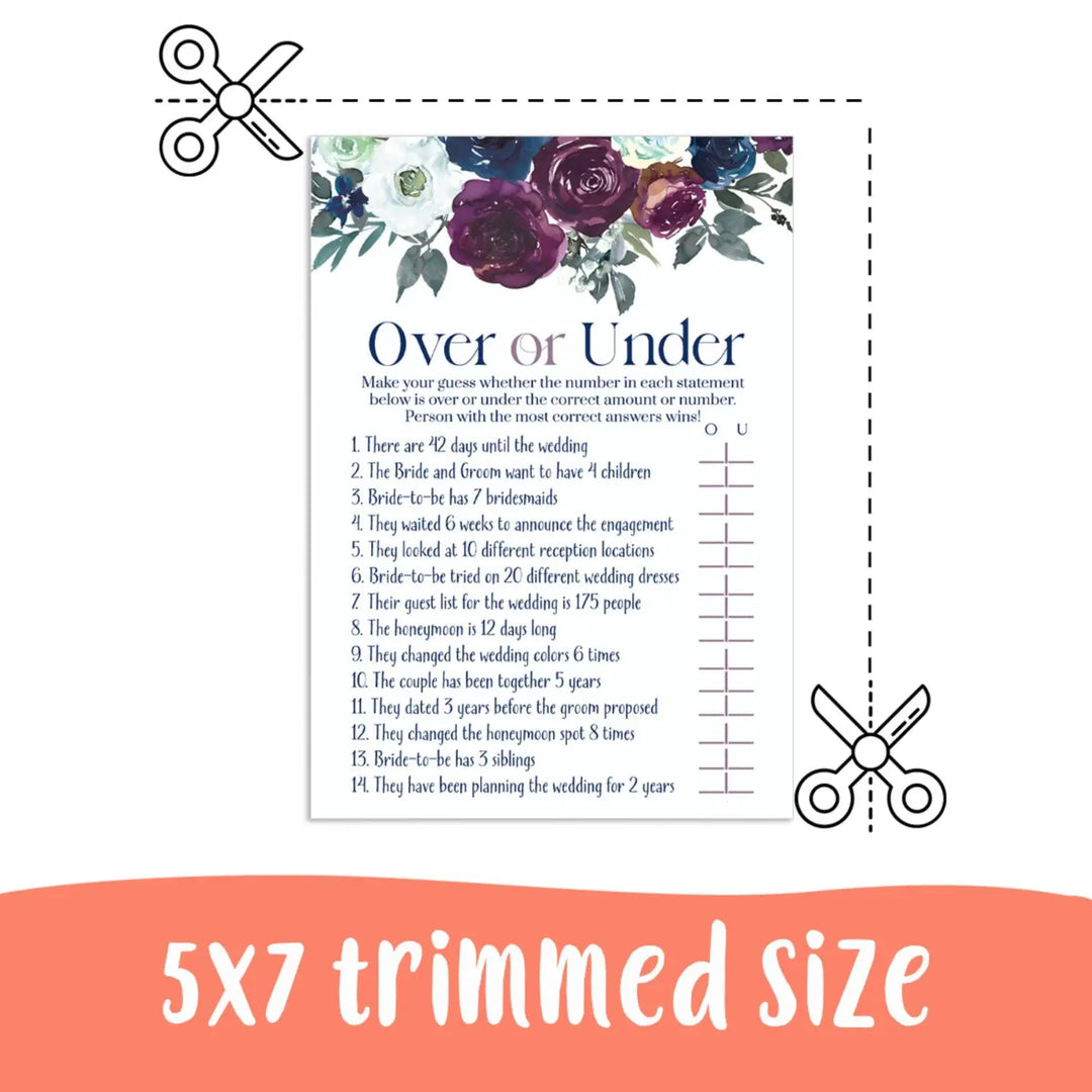 Plum and Navy Over or Under Bridal Shower Game Instant Printable Rustic Floral - Paper Clever Party