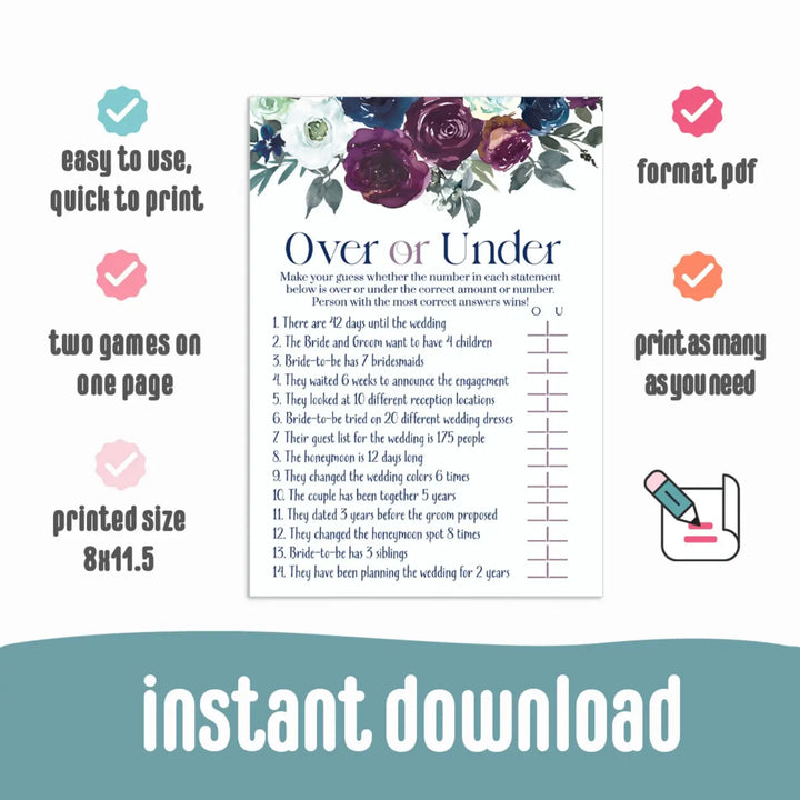 Plum and Navy Over or Under Bridal Shower Game Instant Printable Rustic Floral - Paper Clever Party