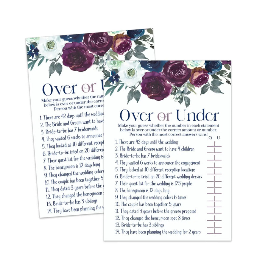 Plum and Navy Over or Under Bridal Shower Game Instant Printable Rustic Floral - Paper Clever Party