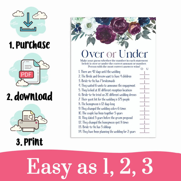 Plum and Navy Over or Under Bridal Shower Game Instant Printable Rustic Floral - Paper Clever Party