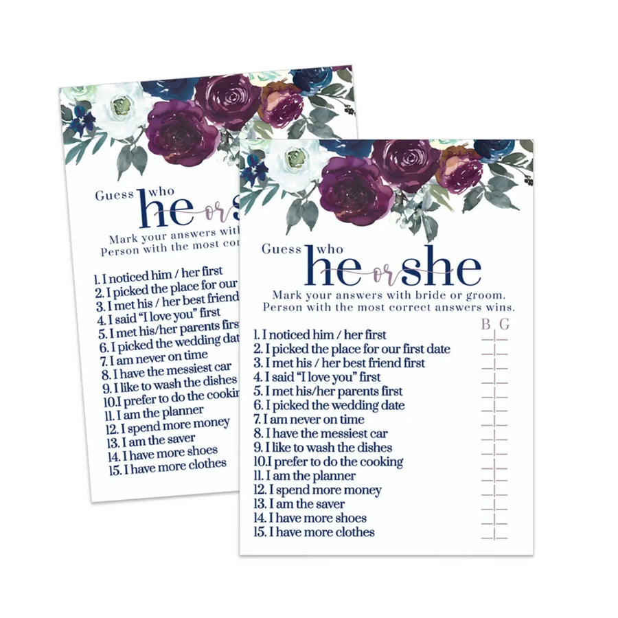 Plum and Navy He Said She Said  Couples Bridal Shower Game  Instant Fun Printable PDF Download Rustic Floral - Paper Clever Party