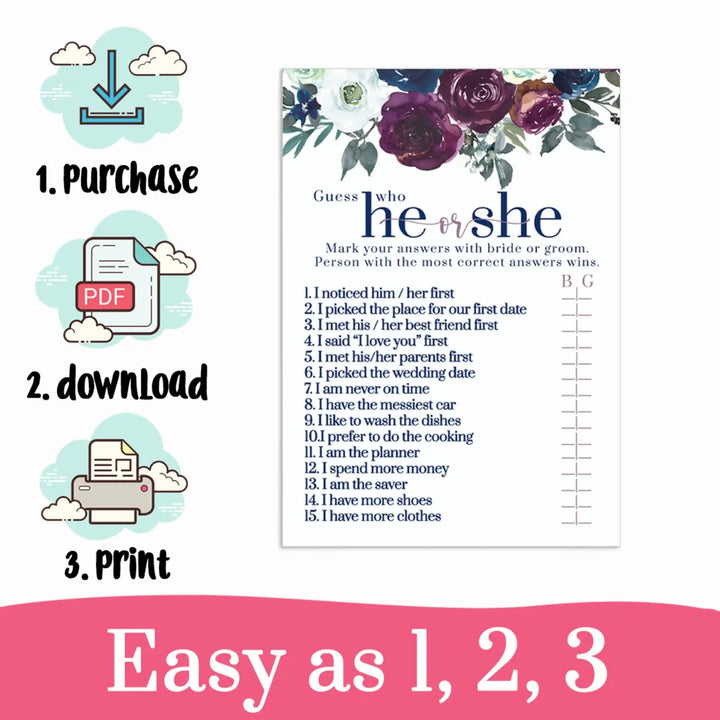 Plum and Navy He Said She Said  Couples Bridal Shower Game  Instant Fun Printable PDF Download Rustic Floral - Paper Clever Party