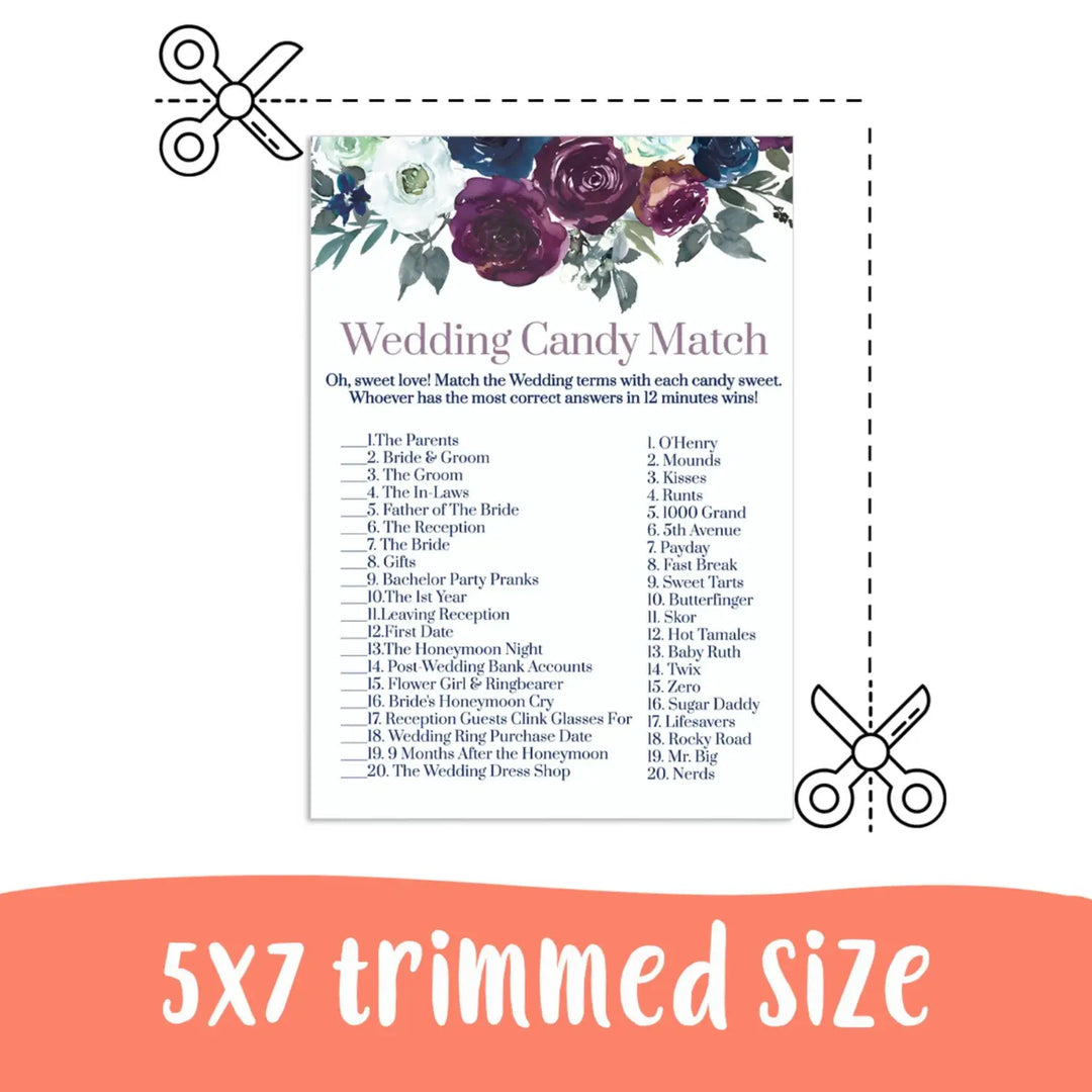 Plum and Navy Sweet Laughs Bridal Game - Match the Candies Challenge - Hilarious Shower Fun - Printable PDF Instant Download Rustic Floral - Paper Clever Party