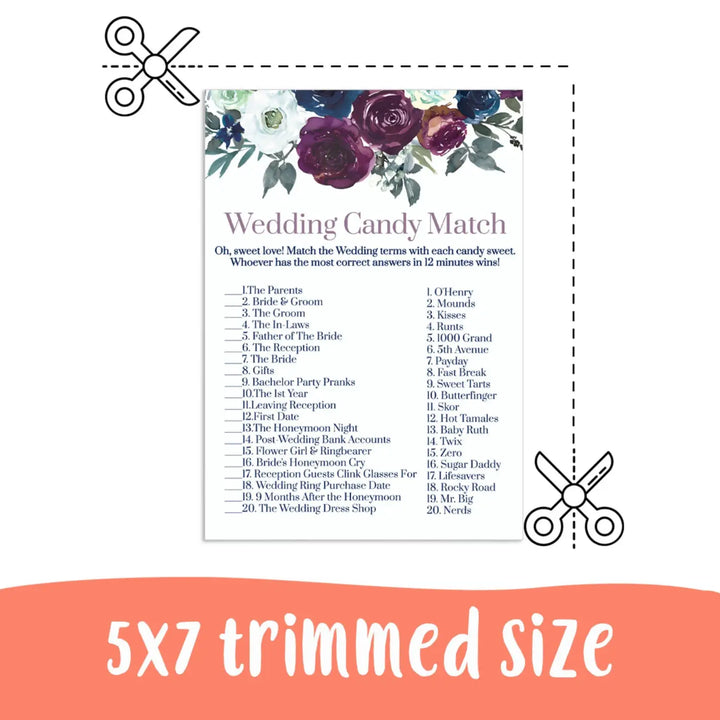 Plum and Navy Sweet Laughs Bridal Game - Match the Candies Challenge - Hilarious Shower Fun - Printable PDF Instant Download Rustic Floral - Paper Clever Party