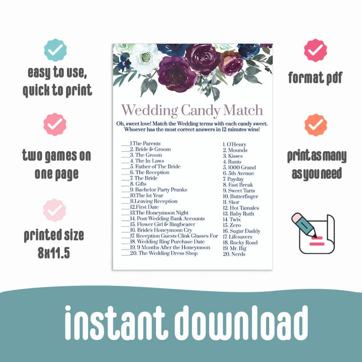 Plum and Navy Sweet Laughs Bridal Game - Match the Candies Challenge - Hilarious Shower Fun - Printable PDF Instant Download Rustic Floral - Paper Clever Party