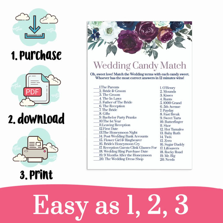 Plum and Navy Sweet Laughs Bridal Game - Match the Candies Challenge - Hilarious Shower Fun - Printable PDF Instant Download Rustic Floral - Paper Clever Party