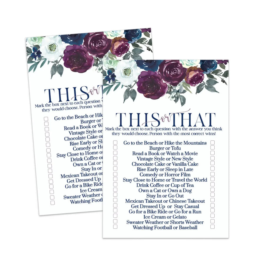 Plum and Navy Would She Rather Bridal Shower Game Printable Download Rustic Floral - Paper Clever Party