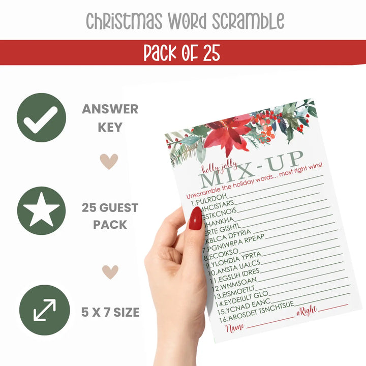 Poinsettia Christmas Word Scramble, Holiday Unscramble Party Activity for Adults, Groups, Office, 5x7 Cards, Rustic Xmas, 25 Pack - Paper Clever Party