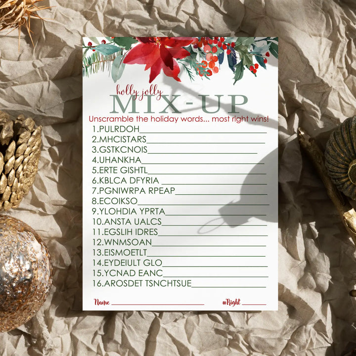 Poinsettia Christmas Word Scramble, Holiday Unscramble Party Activity for Adults, Groups, Office, 5x7 Cards, Rustic Xmas, 25 Pack - Paper Clever Party