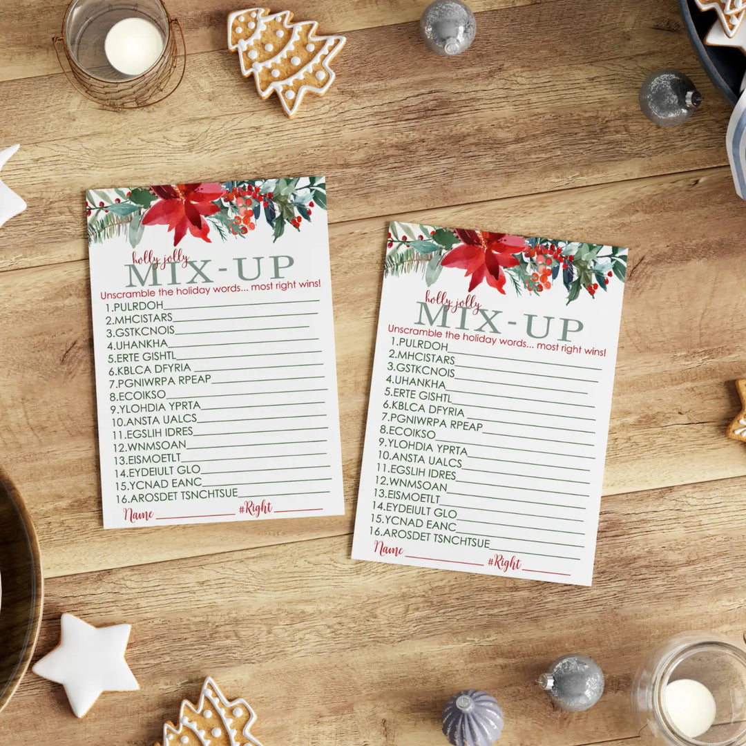 Poinsettia Christmas Word Scramble, Holiday Unscramble Party Activity for Adults, Groups, Office, 5x7 Cards, Rustic Xmas, 25 Pack - Paper Clever Party