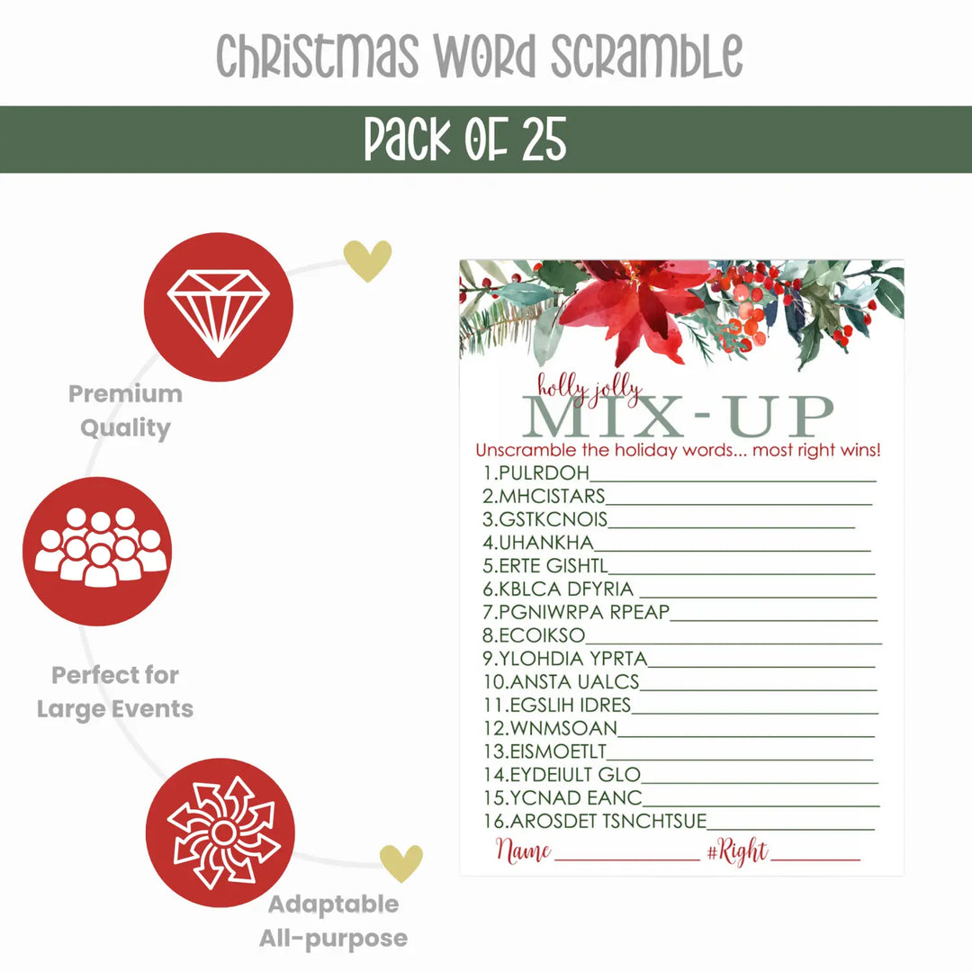 Poinsettia Christmas Word Scramble, Holiday Unscramble Party Activity for Adults, Groups, Office, 5x7 Cards, Rustic Xmas, 25 Pack - Paper Clever Party