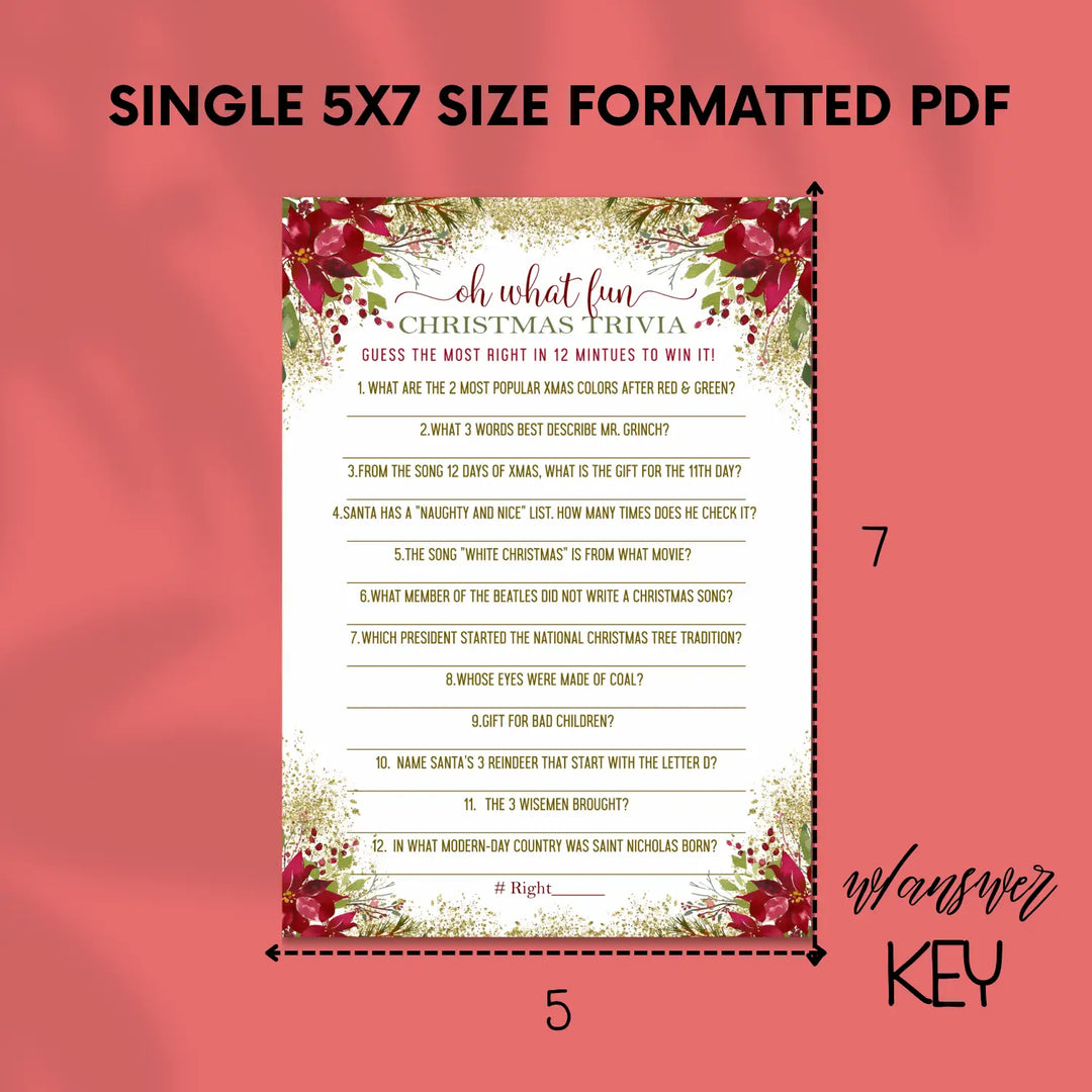 Pointsettia christmas trivia printable holiday game instant download version 2 - party games