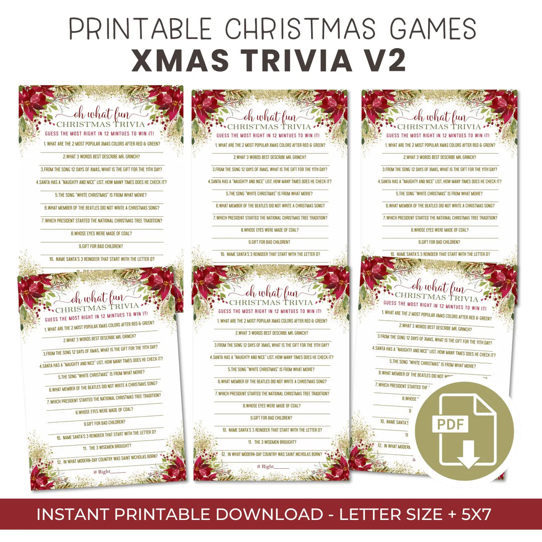 Pointsettia christmas trivia printable holiday game instant download version 2 - party games