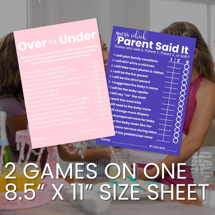 Printable baby shower game bundle - over under guess who emoticon storybook funny dad jokes - instant download pdf
