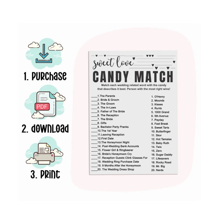 Printable Bridal Shower Candy Match Game - Hilarious and Fun - PDF Instant Download - Paper Clever Party