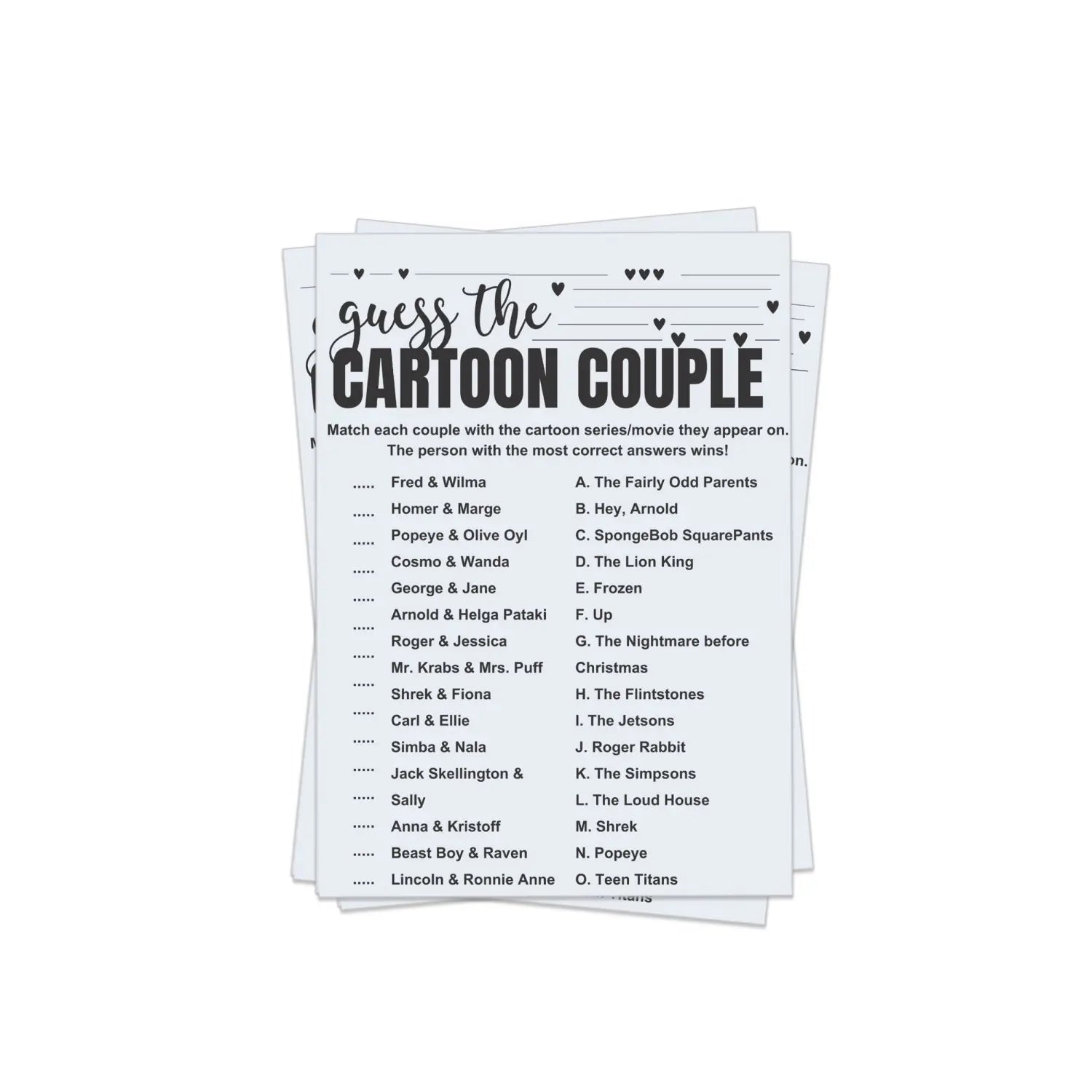 Printable bridal shower game - cartoon couples match-up - party games