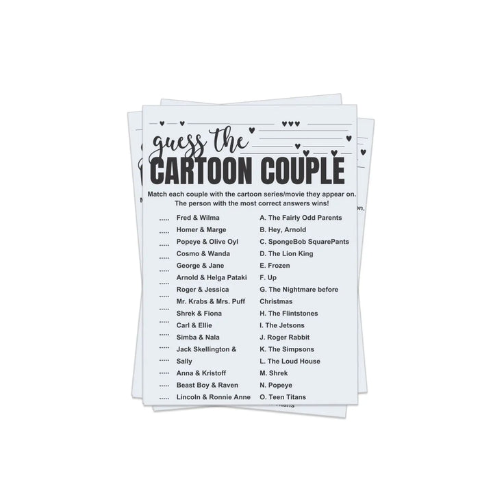 Printable Bridal Shower Game - Cartoon Couples Match-Up - Paper Clever Party