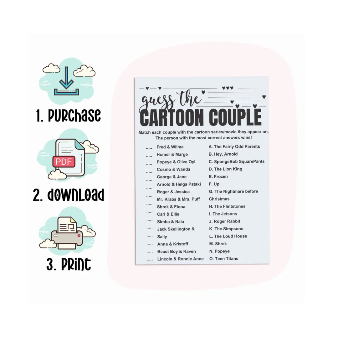 Printable Bridal Shower Game - Cartoon Couples Match-Up - Paper Clever Party