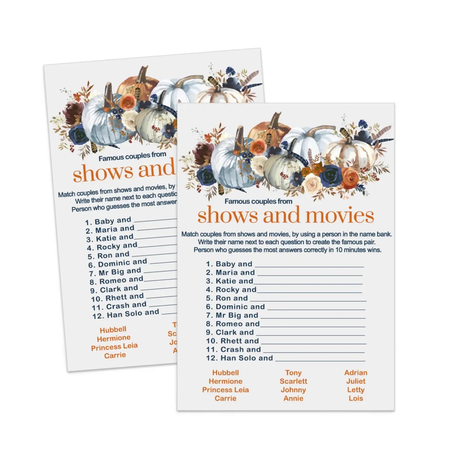 Printable pumpkin famous movie couples wedding shower game halloween or fall digital download print your own navy