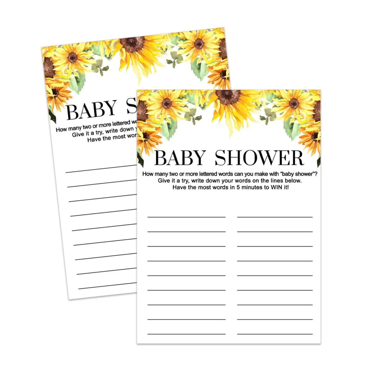 Printable sunflower baby shower game - fun & engaging word creation challenge easy-to-print pdf - party games