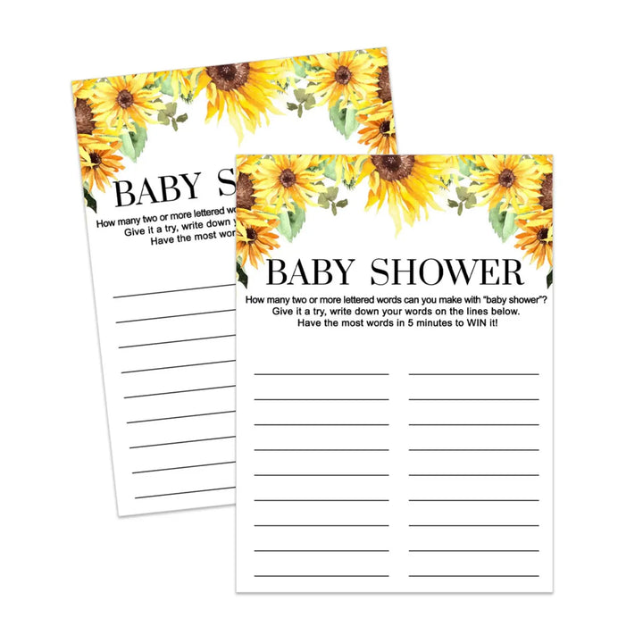 Printable Sunflower Baby Shower Game - Fun & Engaging Word Creation Challenge, Easy-to-Print PDF - Paper Clever Party