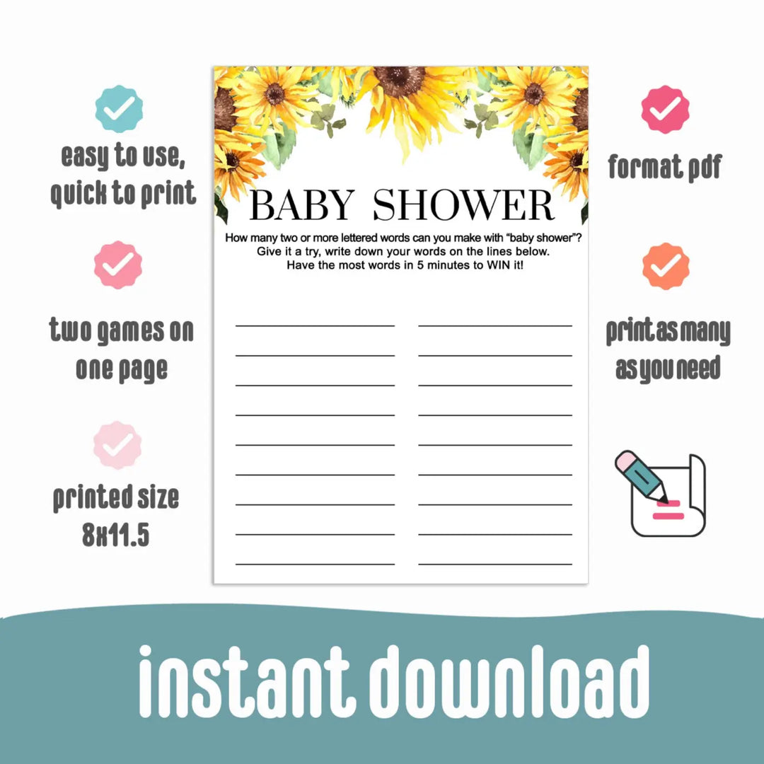 Printable Sunflower Baby Shower Game - Fun & Engaging Word Creation Challenge, Easy-to-Print PDF - Paper Clever Party